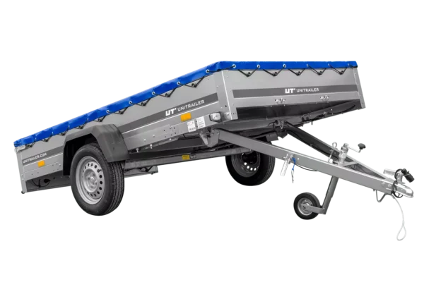 Einachsanhänger 264×150 UNITRAILER GARDEN 265 KIPP mit einem Flachplanenträger und blauer Plane-Neu